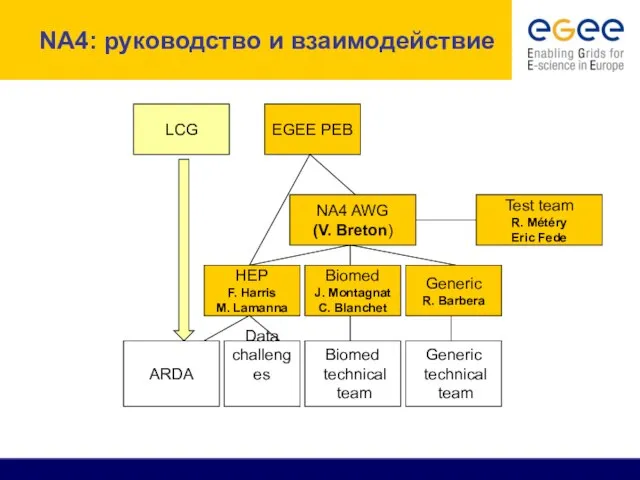 NA4: руководство и взаимодействие NA4 AWG (V. Breton) LCG EGEE PEB HEP