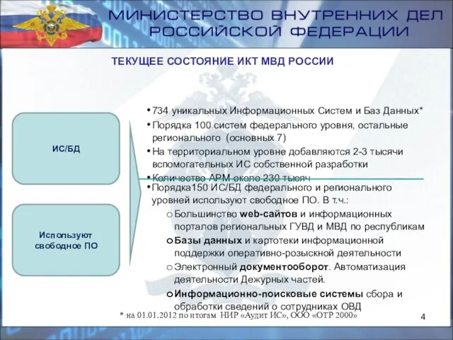 ТЕКУЩЕЕ СОСТОЯНИЕ ИКТ МВД РОССИИ 734 уникальных Информационных Систем и Баз Данных*