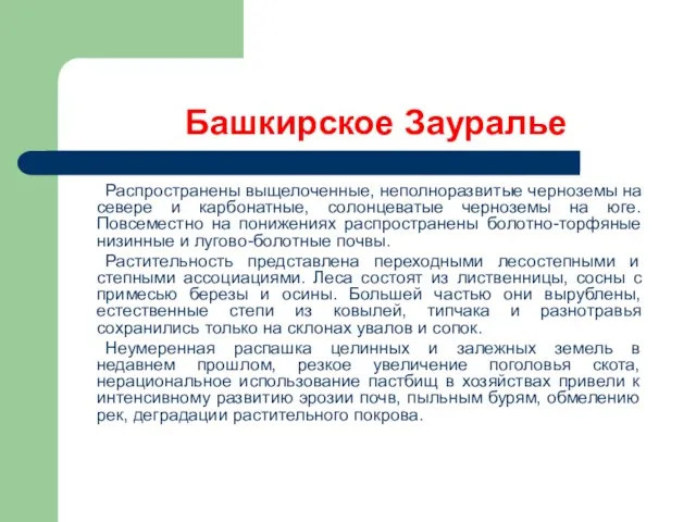 Башкирское Зауралье Распространены выщелоченные, неполноразвитые черноземы на севере и карбонатные, солонцеватые черноземы