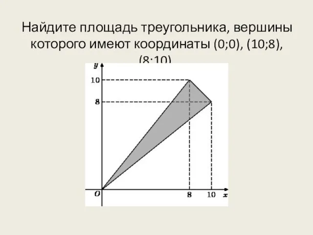 Найдите площадь треугольника, вершины которого имеют координаты (0;0), (10;8), (8;10).