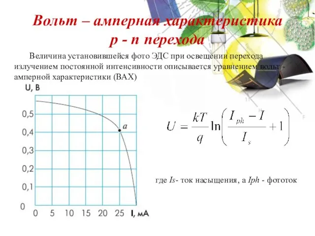 Вольт – амперная характеристика p - n перехода где Is- ток насыщения,