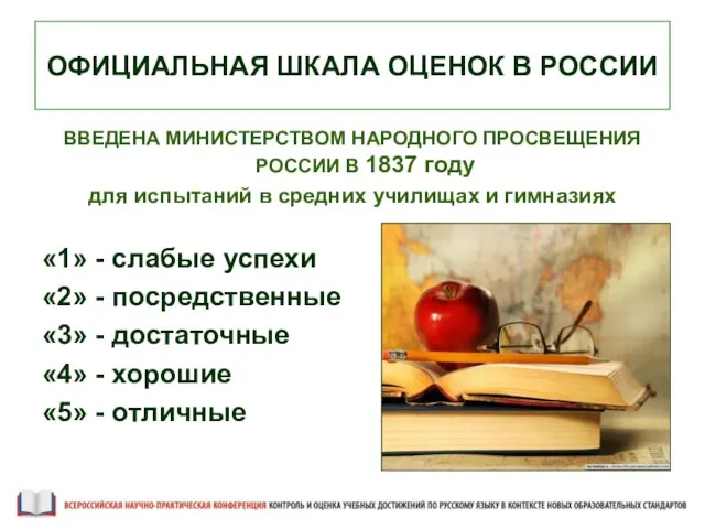 ОФИЦИАЛЬНАЯ ШКАЛА ОЦЕНОК В РОССИИ ВВЕДЕНА МИНИСТЕРСТВОМ НАРОДНОГО ПРОСВЕЩЕНИЯ РОССИИ В 1837