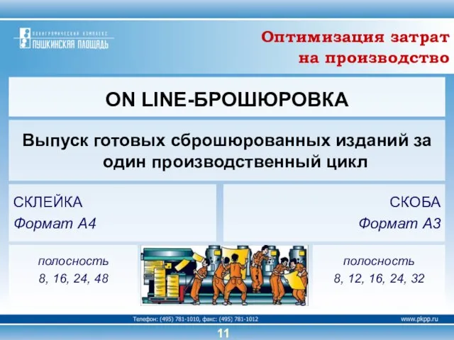 Выпуск готовых сброшюрованных изданий за один производственный цикл 11 ON LINE-БРОШЮРОВКА полосность