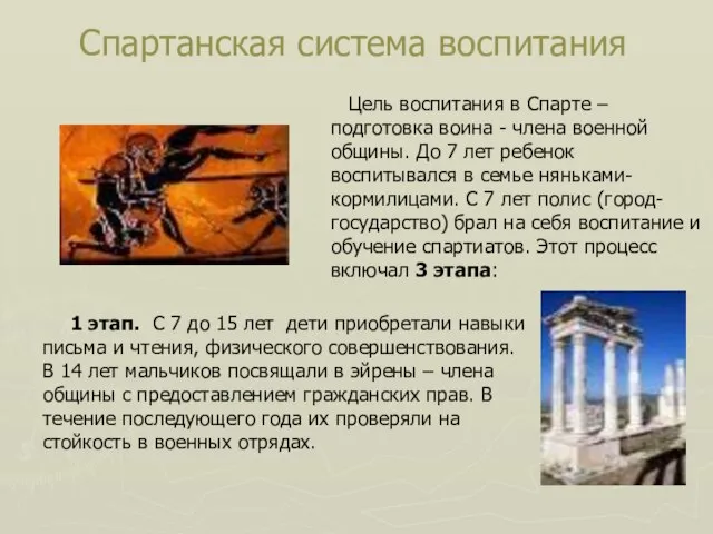 Спартанская система воспитания Цель воспитания в Спарте – подготовка воина - члена