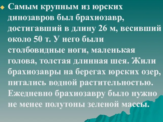 Самым крупным из юрских динозавров был брахиозавр, достигавший в длину 26 м,