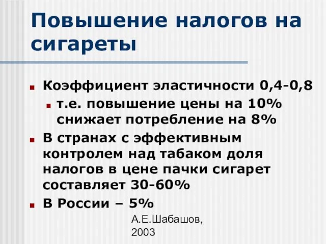 А.Е.Шабашов, 2003 Повышение налогов на сигареты Коэффициент эластичности 0,4-0,8 т.е. повышение цены