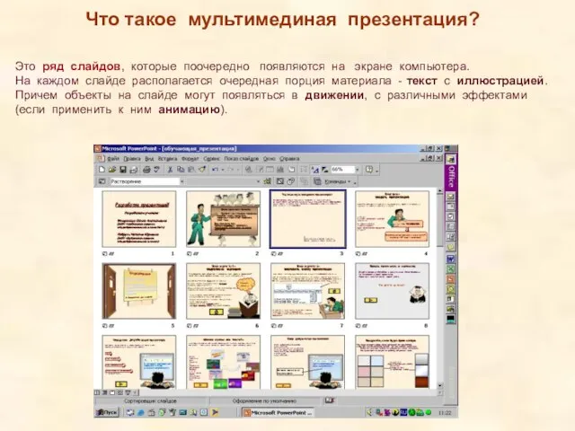 Это ряд слайдов, которые поочередно появляются на экране компьютера. На каждом слайде