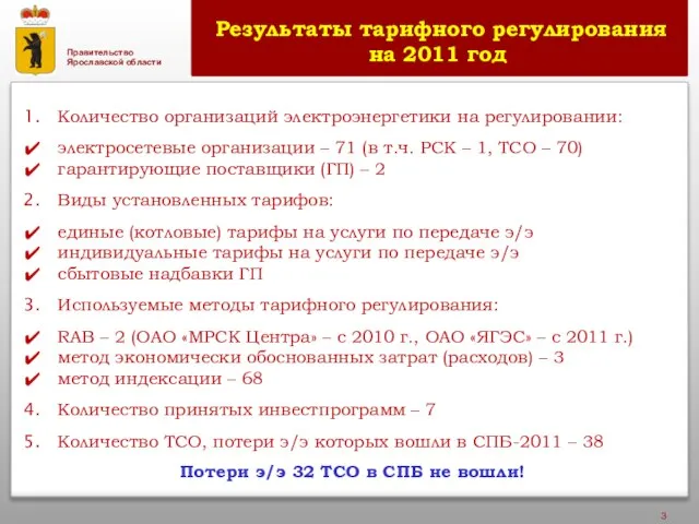 Результаты тарифного регулирования на 2011 год Количество организаций электроэнергетики на регулировании: электросетевые