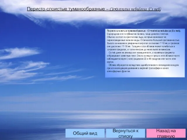 Перисто-слоистые туманообразные – Cirrоstratus nebulosus (Cs neb) Перисто-слоистые туманообразные - Cirrostratus nebulosus