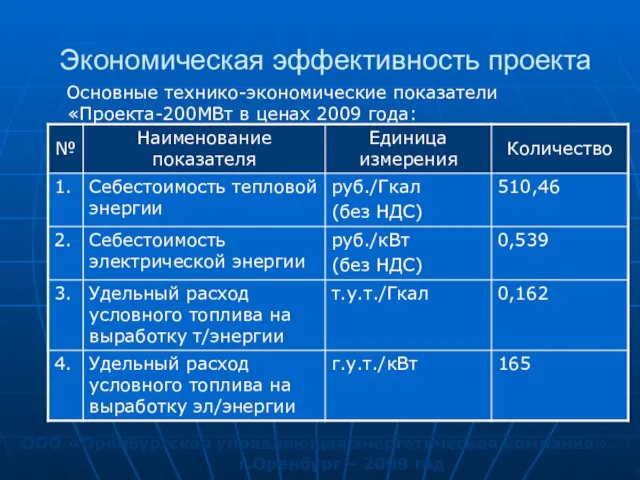 Экономическая эффективность проекта ООО «Оренбургская управляющая энергетическая компания» г.Оренбург – 2009 год