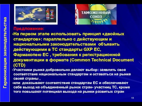 Гармонизация законодательства Предложение: На первом этапе использовать принцип «двойных стандартов»: параллельно с