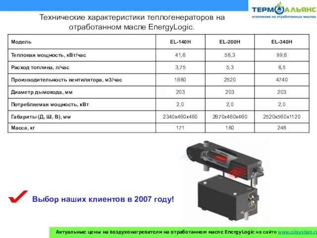 Технические характеристики теплогенераторов на отработанном масле EnergyLogic. Актуальные цены на воздухонагреватели на