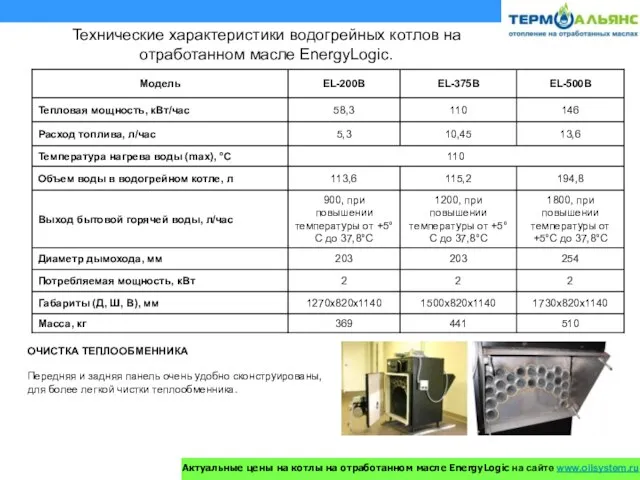 Технические характеристики водогрейных котлов на отработанном масле EnergyLogic. ОЧИСТКА ТЕПЛООБМЕННИКА Передняя и