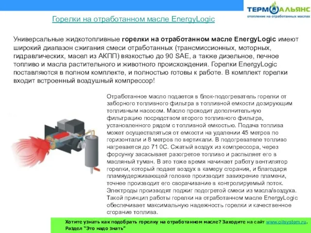 Универсальные жидкотопливные горелки на отработанном масле EnergyLogic имеют широкий диапазон сжигания смеси