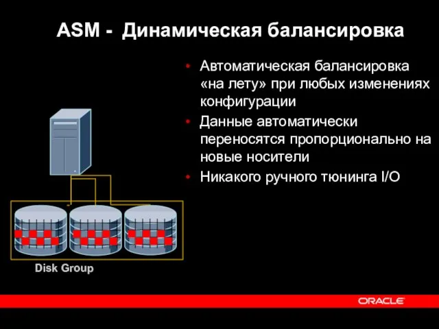 Disk Group ASM - Динамическая балансировка Автоматическая балансировка «на лету» при любых