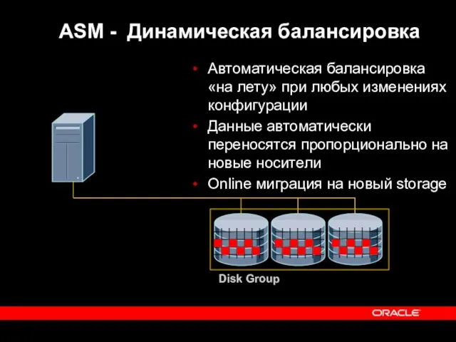 Disk Group ASM - Динамическая балансировка Автоматическая балансировка «на лету» при любых