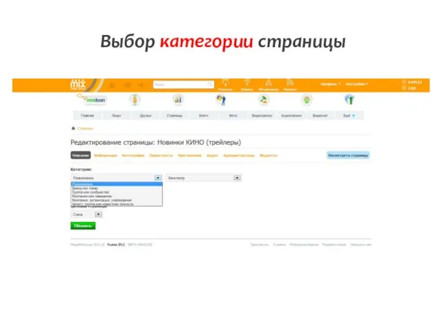 Выбор категории страницы