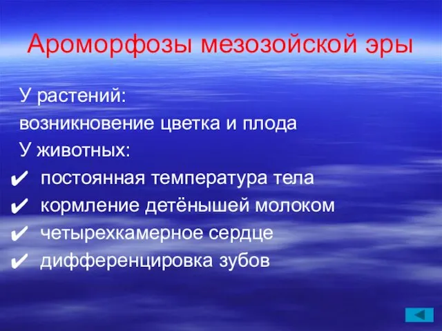 Ароморфозы мезозойской эры У растений: возникновение цветка и плода У животных: постоянная