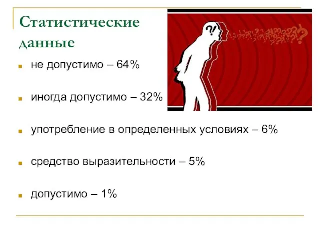 Статистические данные не допустимо – 64% иногда допустимо – 32% употребление в