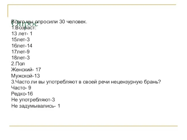 Опрос Всего мы опросили 30 человек. 1.Возраст: 13 лет- 1 15лет-3 16лет-14