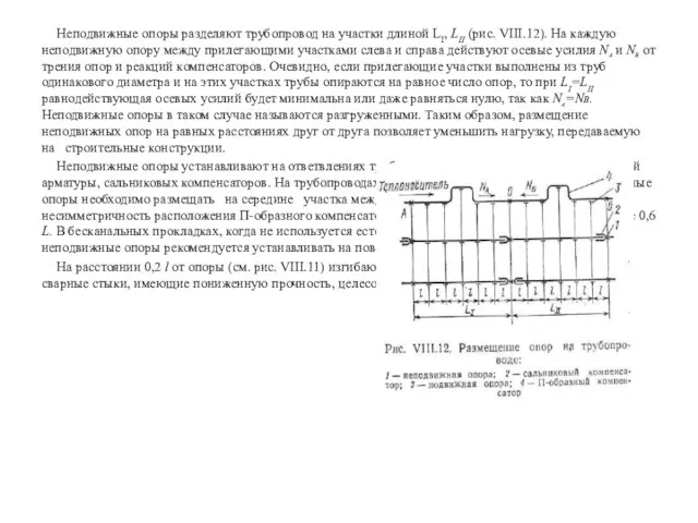 Неподвижные опоры разделяют трубопровод на участки длиной LI, LII (рис. VIII.12). На