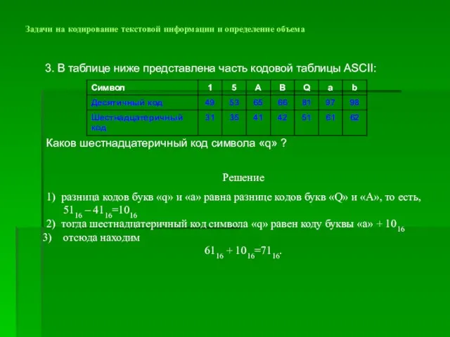 Задачи на кодирование текстовой информации и определение объема 3. В таблице ниже