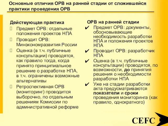 Основные отличия ОРВ на ранней стадии от сложившейся практики проведения ОРВ Действующая