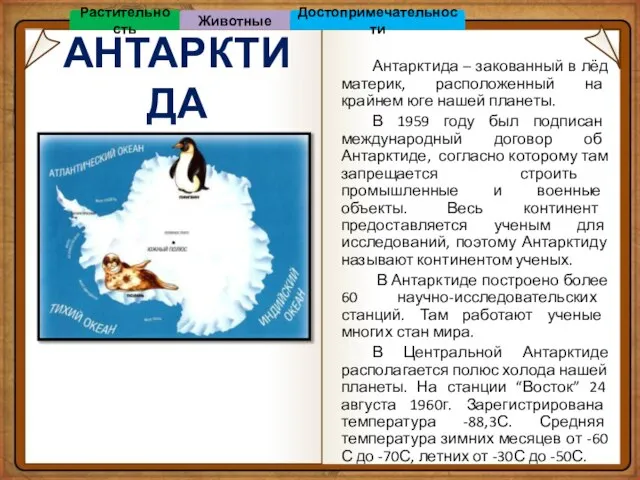 АНТАРКТИДА Антарктида – закованный в лёд материк, расположенный на крайнем юге нашей