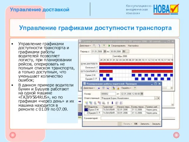 Управление графиками доступности транспорта Управление графиками доступности транспорта и графиками работы водителей