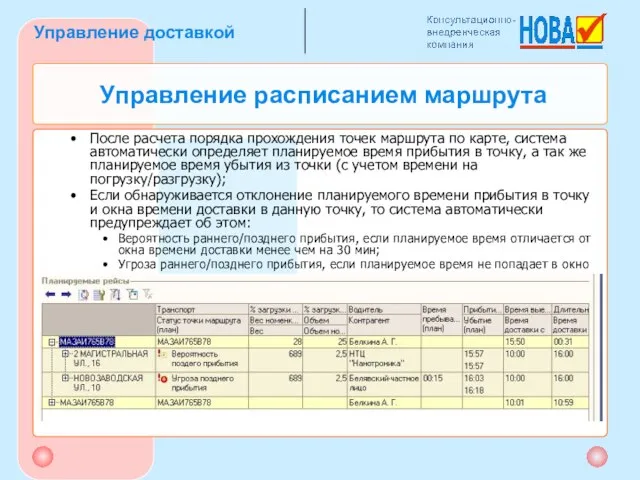 Управление расписанием маршрута После расчета порядка прохождения точек маршрута по карте, система