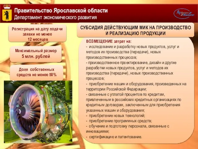 Правительство Ярославской области Департамент экономического развития ВОЗМЕЩЕНИЕ затрат на: - исследование и