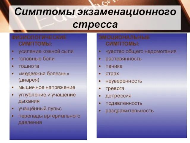 Симптомы экзаменационного стресса ФИЗИОЛОГИЧЕСКИЕ СИМПТОМЫ: усиление кожной сыпи головные боли тошнота «медвежья