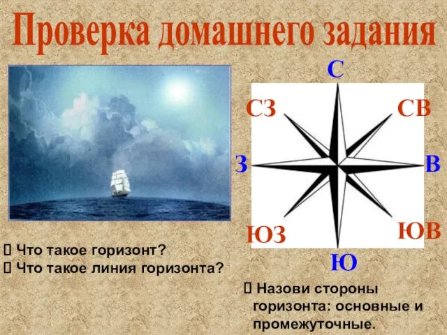 Проверка домашнего задания Что такое горизонт? Что такое линия горизонта? Назови стороны