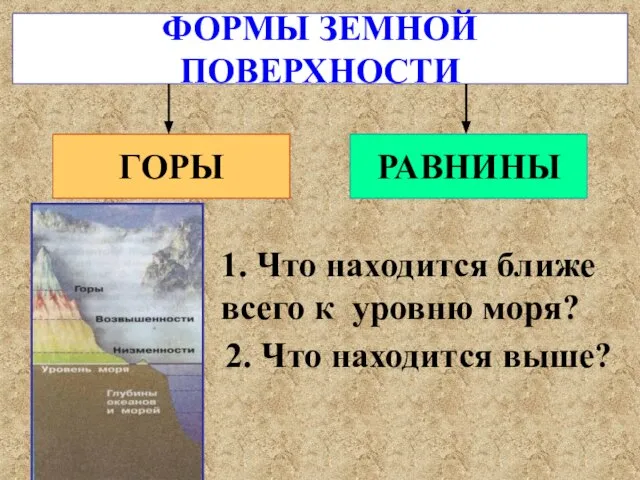 ФОРМЫ ЗЕМНОЙ ПОВЕРХНОСТИ ГОРЫ РАВНИНЫ 1. Что находится ближе всего к уровню