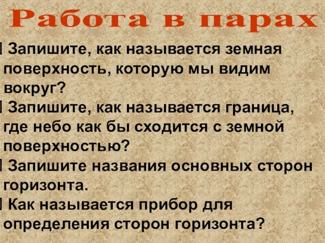 Работа в парах Запишите, как называется земная поверхность, которую мы видим вокруг?