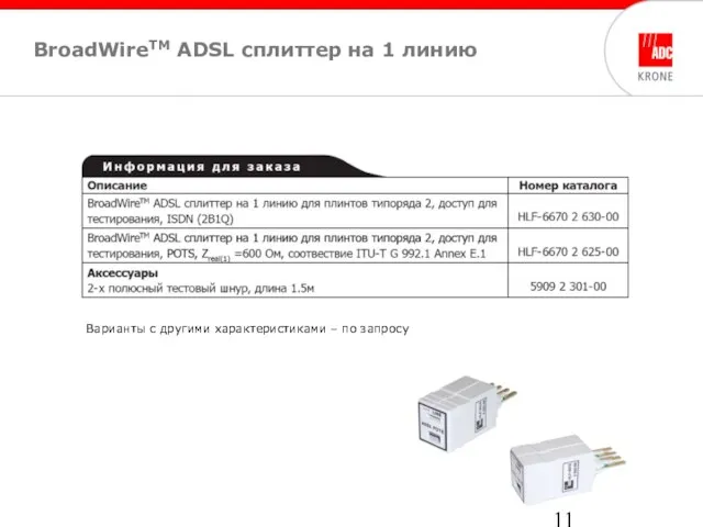 BroadWireTM ADSL cплиттер на 1 линию Варианты с другими характеристиками – по запросу