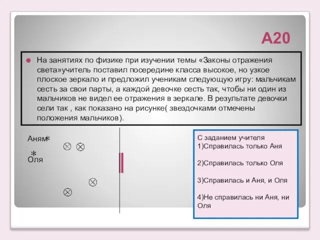 А20 С заданием учителя 1)Справилась только Аня 2)Справилась только Оля 3)Справилась и