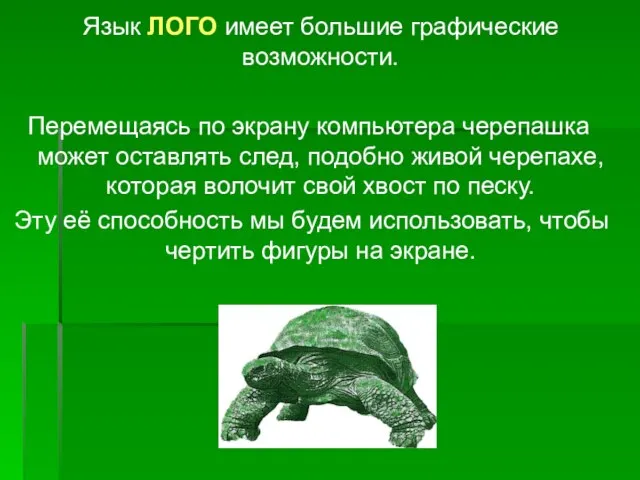 Язык ЛОГО имеет большие графические возможности. Перемещаясь по экрану компьютера черепашка может