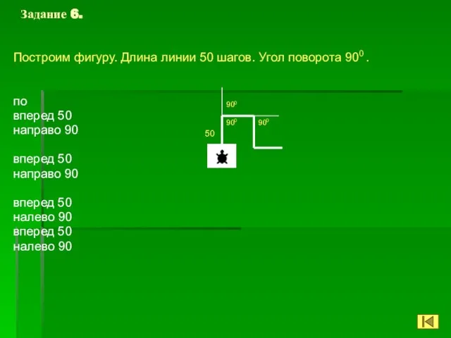 Задание 6. Построим фигуру. Длина линии 50 шагов. Угол поворота 900 .