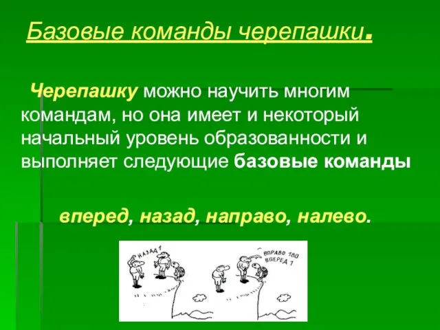 Базовые команды черепашки. Черепашку можно научить многим командам, но она имеет и