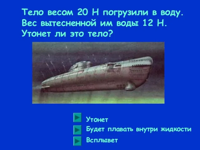 Тело весом 20 Н погрузили в воду. Вес вытесненной им воды 12