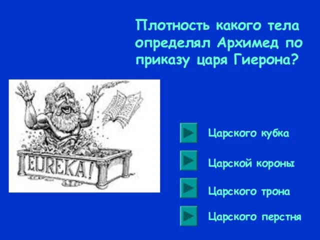 Плотность какого тела определял Архимед по приказу царя Гиерона? Царского кубка Царской