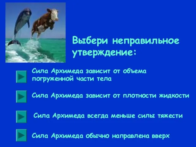 Выбери неправильное утверждение: Сила Архимеда всегда меньше силы тяжести Сила Архимеда зависит