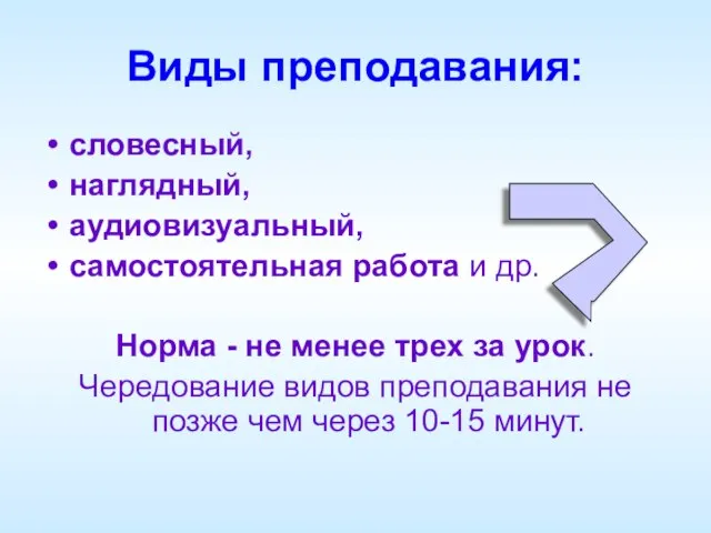 Виды преподавания: словесный, наглядный, аудиовизуальный, самостоятельная работа и др. Норма - не