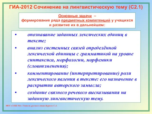 МОУ «СОШ №4» Учитель русского языка Борисов С.А. ГИА-2012 Сочинение на лингвистическую