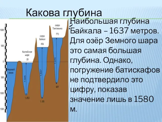 Какова глубина Байкала? Наибольшая глубина Байкала – 1637 метров. Для озёр Земного