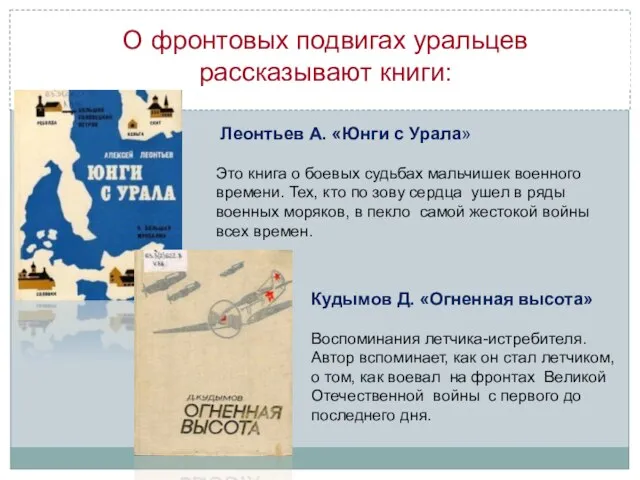 О фронтовых подвигах уральцев рассказывают книги: Леонтьев А. «Юнги с Урала» Это