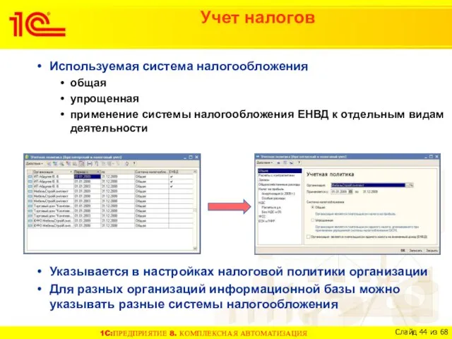 Учет налогов Используемая система налогообложения общая упрощенная применение системы налогообложения ЕНВД к