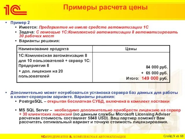 Примеры расчета цены Пример 2 Имеется: Предприятие не имело средств автоматизации 1С