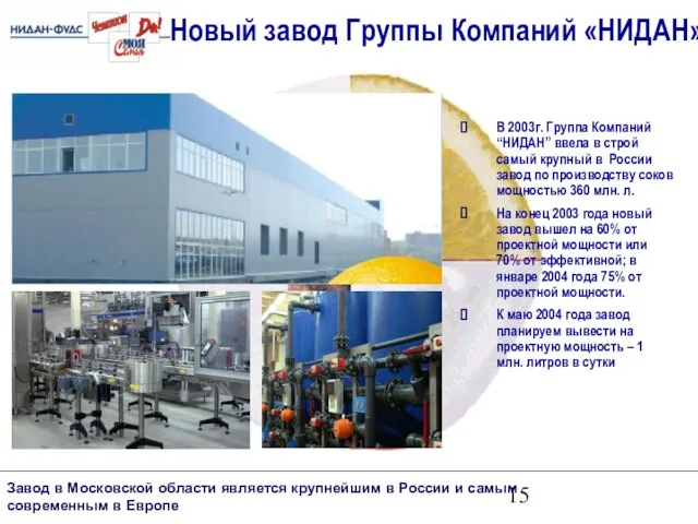 Новый завод Группы Компаний «НИДАН» В 2003г. Группа Компаний “НИДАН” ввела в